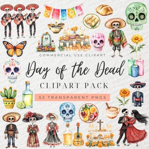 Aquarelle des cliparts le jour des morts, des cliparts squelette, des cliparts mexicains, des cliparts têtes de mort en sucre, Halloween mexicain, Dia De Los Muertos, PNG