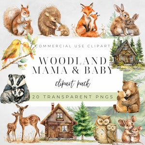 Aquarell Waldland Mama und Baby Clipart Bundle, Muttertags Clipart, Baby Waldtiere Clipart, Tier Clipart, Waldtiere