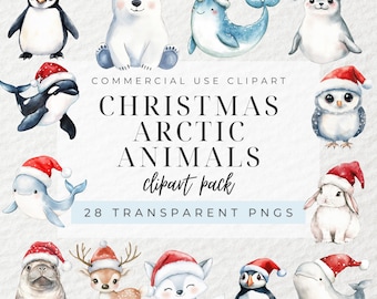 May include: A set of 28 watercolor illustrations of Christmas Arctic animals wearing Santa hats. The animals include a penguin, polar bear, narwhal, seal, owl, rabbit, whale, walrus, reindeer, fox, and puffin. The illustrations are perfect for creating holiday cards, invitations, and other festive crafts.