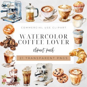 Aquarel koffieliefhebber clipartbundel, koffie clipart, koffiebonen, drank clipart, ijskoffie clipart, koffie drankjes clipart, gebak
