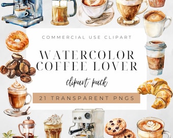 Watercolor Coffee Lover Clipart Bundle, Coffee Clipart, Coffee Beans, Beverage Clipart, Iced Coffee Clipart, Coffee Drinks Clipart, Pastry