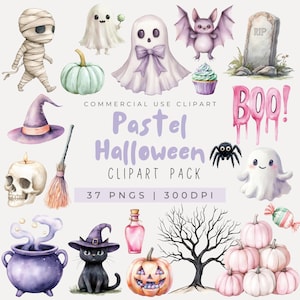 Aquarel pastel halloween clipart, griezelige clipart, schattige halloween clipart, spook, kinderen Halloween, pompoen clipart, heks, Happy Halloween