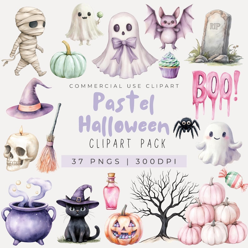 Watercolor Pastel Halloween Clipart, Spooky Clipart, Cute Halloween Clipart, Ghost, Kids Halloween, Pumpkin Clipart, Witch, Happy Halloween image 1