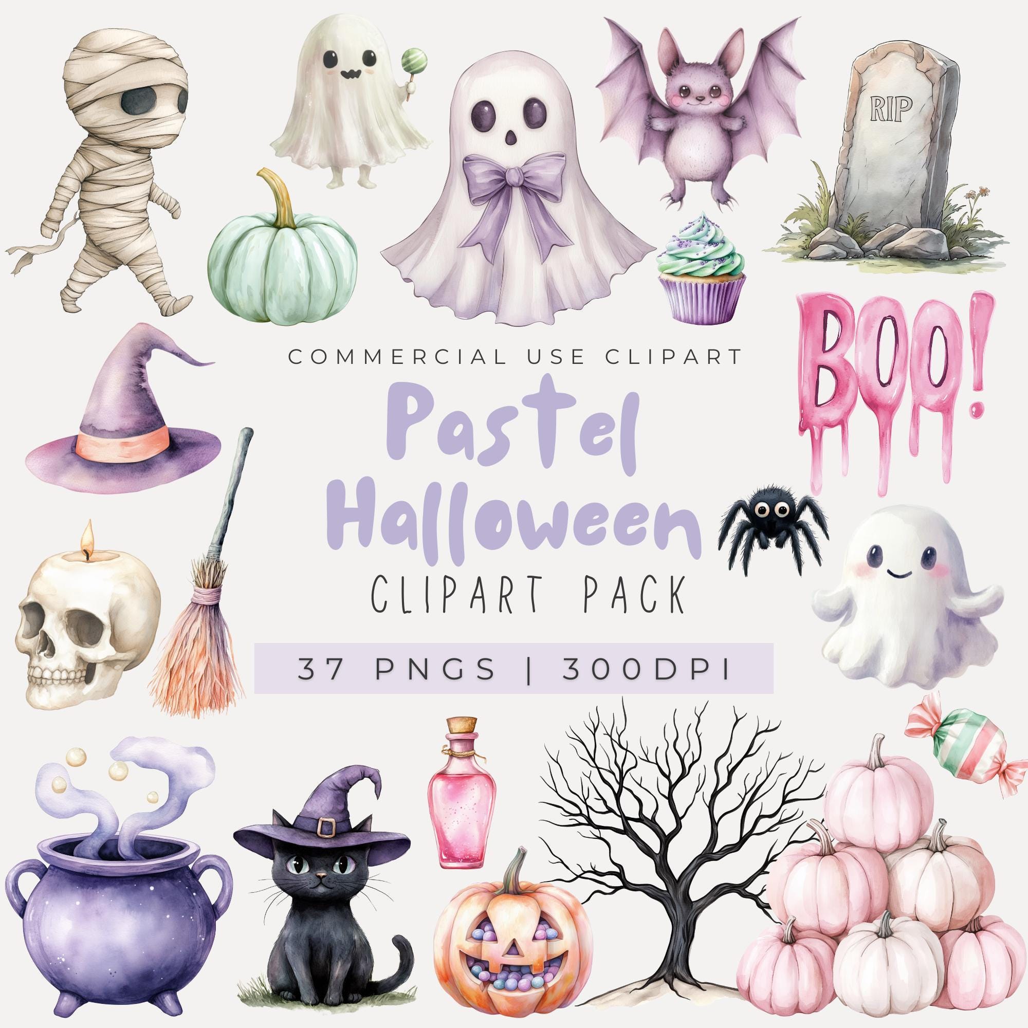 Watercolor Pastel Halloween Clipart, Spooky Clipart, Cute Halloween Clipart, Ghost, Kids Halloween, Pumpkin Clipart, Witch, Happy Halloween