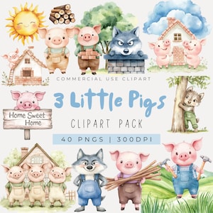 Clipart acquerello 3 porcellini, Clipart filastrocche, Decorazioni per la cameretta dei bambini, Clipart libri di fiabe per bambini, Tre porcellini, Il lupo cattivo