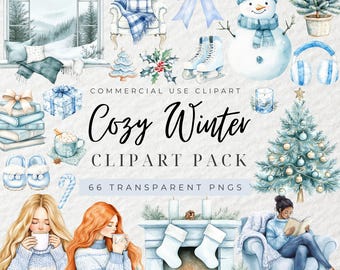 Watercolor Cozy Winter Clipart, Blue Winter Clipart, Blue Christmas Clipart, Snow Clipart, Snowflake, Winter Scenery, Winter Girl, PNG