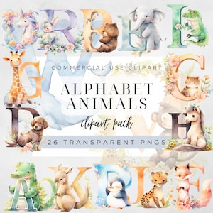 Pacote de clipart de animais de alfabeto em aquarela, clipart de alfabeto, clipart de animais fofos, clipart ABC, clipart de letras do alfabeto, animais de A a Z, PNG