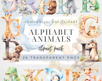 Watercolor Alphabet Animal Clipart Bundle, Alphabet Clipart, Cute Animal Clipart, ABC Clipart, Alphabet Letter Clipart, A to Z Animals, PNG