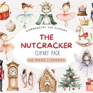 Puede incluir: Pack de imágenes prediseñadas de acuarela con ilustraciones del tema El Cascanueces. Incluye un tambor, bailarinas, un rey ratón, una bola de nieve, un soldado cascanueces, un balancín, una casa de jengibre, un árbol de Navidad y otros elementos festivos.