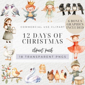 Aquarel 12 Days of Christmas Clipart, Twaalf Dagen Kerstmis, Vakantie Clipart, Kerstboom, Calling Birds, Duiven, Xmas, PNG