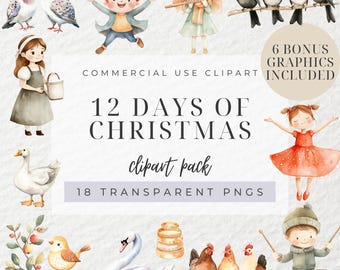 Aquarell 12 Tage Weihnachten Clipart, zwölf Tage Weihnachten, Feiertags Clipart, Weihnachtsbaum, Vogelrufe, Tauben, Weihnachten, PNG