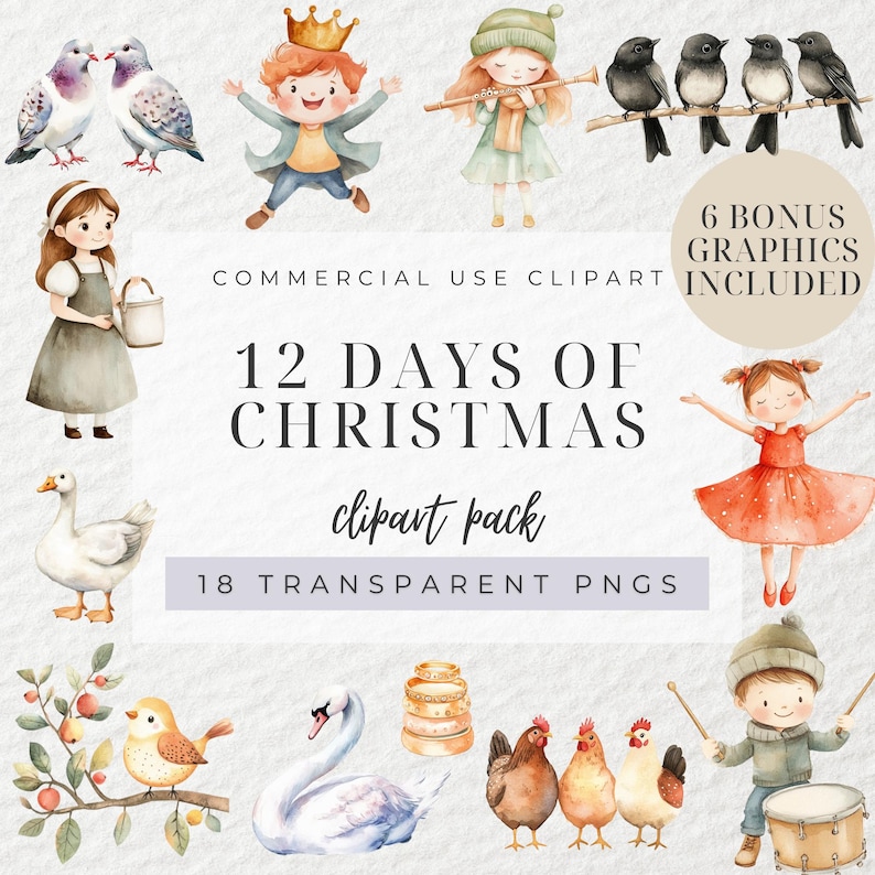 Watercolor 12 Days of Christmas Clipart, Twelve Days of Christmas ...