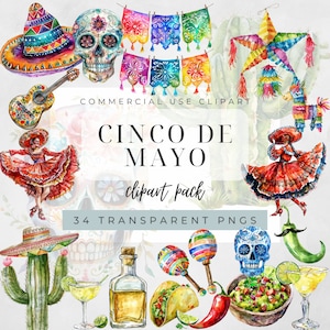 Bundle de cliparts Cinco de Mayo aquarelle, Clipart Fiesta, Clipart mexicain, Clipart têtes de mort en sucre, danseurs mexicains, cactus, cuisine mexicaine, PNG