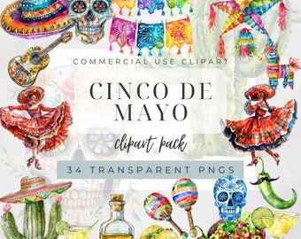 Watercolor Cinco de Mayo Clipart Bundle, Fiesta Clipart, Mexican Clipart, Sugar Skulls Clipart, Mexican Dancers, Cacti, Mexican Food, PNG