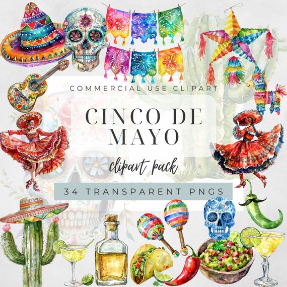 Watercolor Cinco de Mayo Clipart Bundle, Fiesta Clipart, Mexican Clipart, Sugar Skulls Clipart, Mexican Dancers, Cacti, Mexican Food, PNG