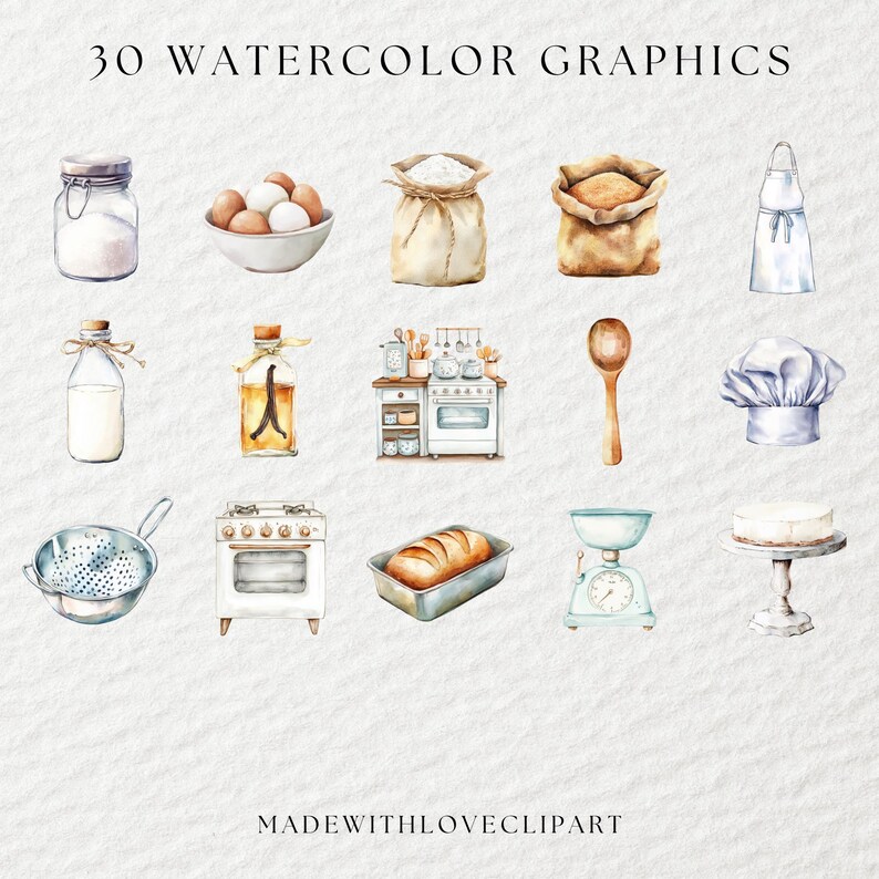 May include: A set of 30 watercolour graphics featuring kitchen and baking themed illustrations. The graphics include a chef's hat, a rolling pin, a mixing bowl, a loaf of bread, a measuring cup, a whisk, a spatula, a wooden spoon, a jar of flour, a bag of sugar, a bag of flour, a jar of vanilla extract, a jar of milk, a cake stand, a cake, a strainer, a kitchen scale, a kitchen oven, and a kitchen stove.