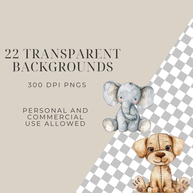 May include: 22 Watercolor Backgrounds with a cute gray elephant and a brown puppy. 300 DPI PNGs. Personal and Commercial Use Allowed.