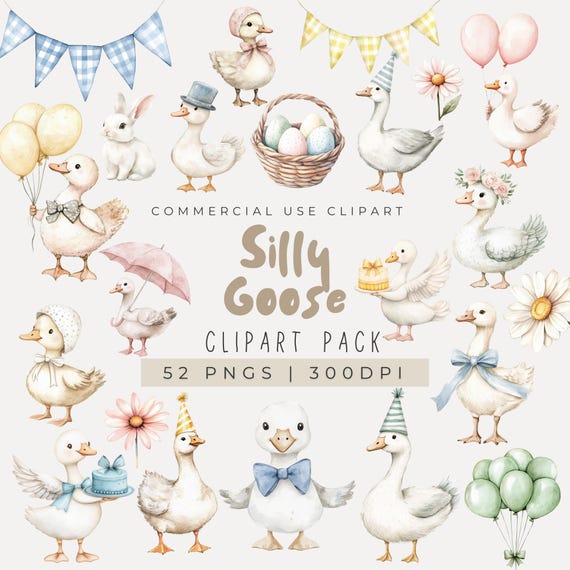 Watercolor Silly Goose Clipart, Spring Vintage Clipart, Cute Goose Party, Birthday Clipart, One Silly Goose, Cottagecore, Baby Shower, PNG