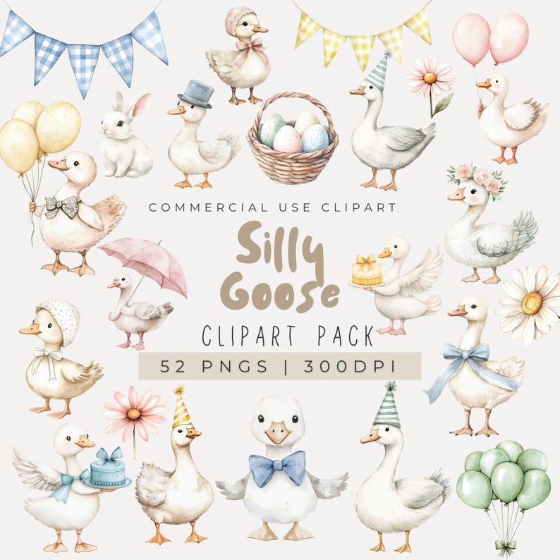 Puede incluir: Un conjunto de 52 im&aacute;genes de clipart de acuarela con gansos tontos en varias poses y atuendos. Los gansos llevan sombreros, sostienen regalos y llevan paraguas. El clipart es perfecto para agregar un toque de capricho a tus proyectos.
