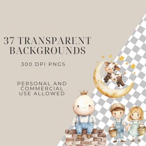 May include: 37 watercolour backgrounds featuring a cute cartoon cow on a crescent moon, a boy and girl holding buckets, and a round character with a crown. The backgrounds are transparent and 300 DPI PNGs. Personal and commercial use is allowed.