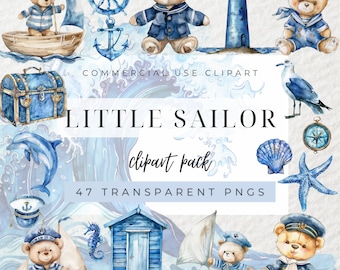 Watercolor Cute Little Sailor Bear Clipart, Sailor Teddy Bear Clip Art, Nautical Clipart, Under the Sea, Ocean Clipart, Nursery Decor