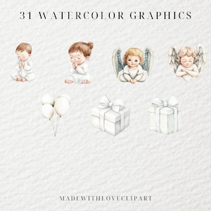 May include: Watercolor graphics featuring illustrations of babies, angels, balloons, and gift boxes. The text "31 WATERCOLOR GRAPHICS" is at the top, and "MADEWITHLOVECLIPART" is at the bottom.