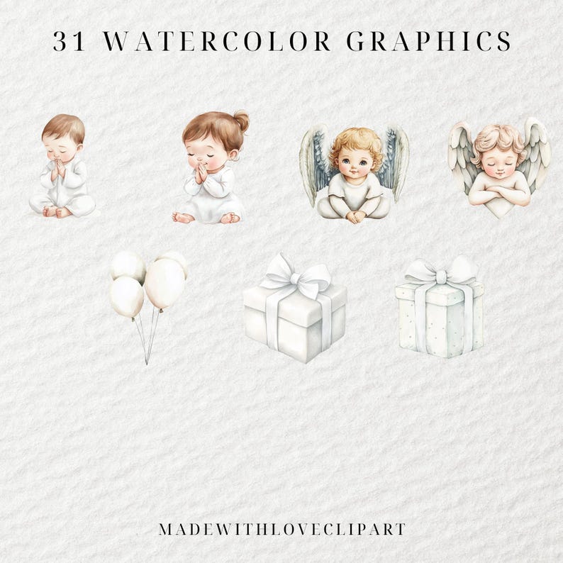 May include: Watercolor graphics featuring illustrations of babies, angels, balloons, and gift boxes. The text "31 WATERCOLOR GRAPHICS" is at the top, and "MADEWITHLOVECLIPART" is at the bottom.