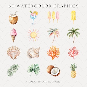 May include: A set of 60 watercolor graphics featuring summer and beach themes. The graphics include a coconut, a cocktail, popsicles, ice cream, a sun, palm trees, seashells, coral, leaves, and pineapples.