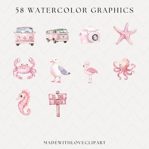 Puede incluir: Gr&aacute;ficos de acuarela con una furgoneta rosa, c&aacute;mara, estrella de mar, cangrejo, gaviota, flamenco, caballito de mar, pulpo y un letrero que dice "To the Beach". Tambi&eacute;n se incluye el texto "58 WATERCOLOR GRAPHICS" y "MADEWITHLOVECLIPART".