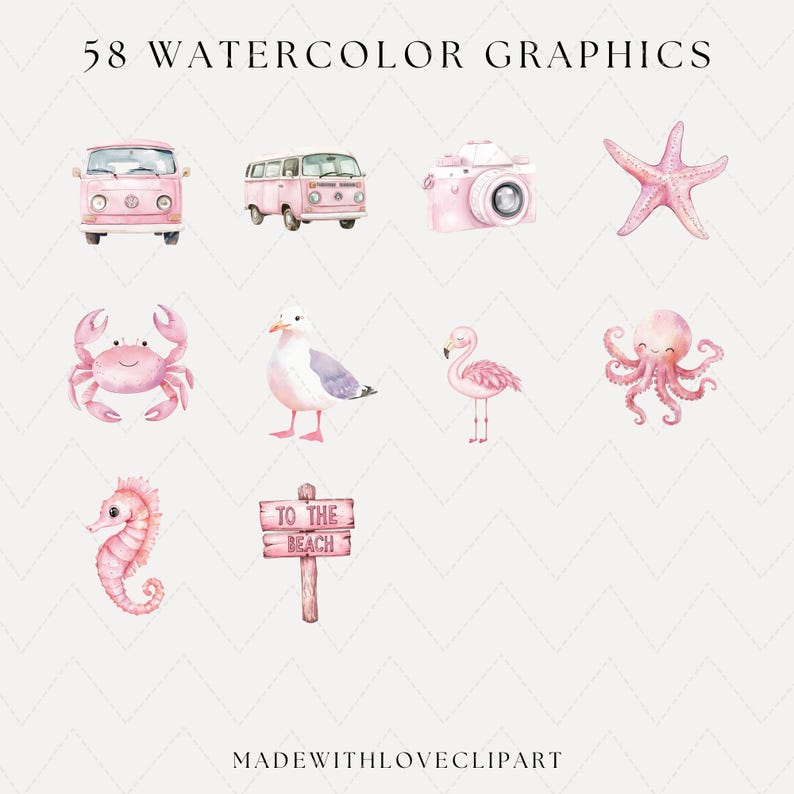 Puede incluir: Gr&aacute;ficos de acuarela con una furgoneta rosa, c&aacute;mara, estrella de mar, cangrejo, gaviota, flamenco, caballito de mar, pulpo y un letrero que dice "To the Beach". Tambi&eacute;n se incluye el texto "58 WATERCOLOR GRAPHICS" y "MADEWITHLOVECLIPART".