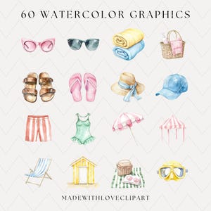 May include: A set of 60 watercolor graphics featuring summer and beach themed illustrations. The illustrations include sunglasses, sandals, flip flops, a straw hat, a swimsuit, a beach umbrella, a beach tent, a beach chair, a beach hut, a picnic basket, and a snorkel mask.
