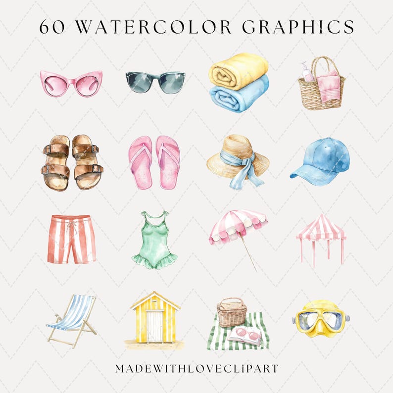 May include: A set of 60 watercolor graphics featuring summer and beach themed illustrations. The illustrations include sunglasses, sandals, flip flops, a straw hat, a swimsuit, a beach umbrella, a beach tent, a beach chair, a beach hut, a picnic basket, and a snorkel mask.
