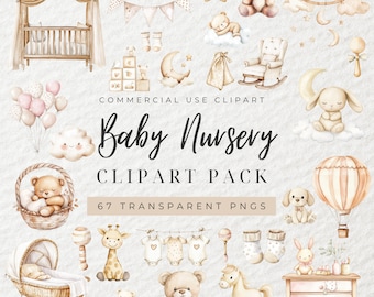 Watercolor Baby Nursery Clipart, Gender Neutral Baby Clipart, Teddy Bear Clipart, Boho Baby, Baby Shower Clipart, Newborn Clipart, Baby Toys