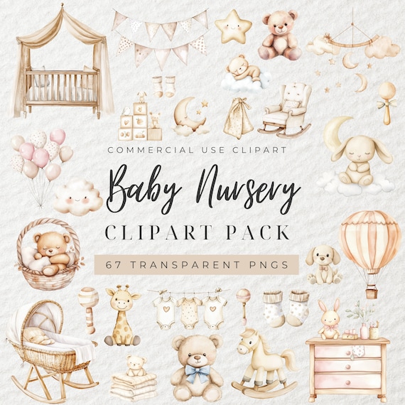 Watercolor Baby Nursery Clipart, Gender Neutral Baby Clipart, Teddy Bear Clipart, Boho Baby, Baby Shower Clipart, Newborn Clipart, Baby Toys