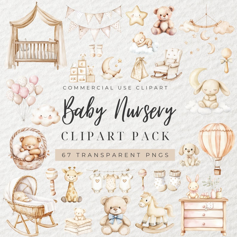 Op de afbeelding: Een set van 67 aquarel illustraties voor een babykamer. De illustraties omvatten een wieg, een schommelpaard, een schommelstoel, een giraffe, een teddybeer, ballonnen, een luchtballon, een maan, een ster, een wolk, een konijn, een hond, een rammelaar, sokken en een commode. De illustraties zijn in tinten bruin, roze en wit.