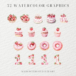 Puede incluir: 52 gr&aacute;ficos de acuarela con tem&aacute;tica de fresa en rosa y rojo, que incluyen pasteles, cupcakes, donas y n&uacute;meros. Los gr&aacute;ficos son perfectos para agregar un toque de dulzura a tus dise&ntilde;os.