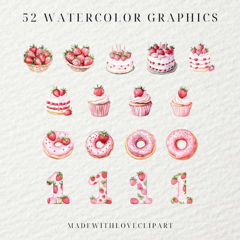 Puede incluir: 52 gr&aacute;ficos de acuarela con tem&aacute;tica de fresa en rosa y rojo, que incluyen pasteles, cupcakes, donas y n&uacute;meros. Los gr&aacute;ficos son perfectos para agregar un toque de dulzura a tus dise&ntilde;os.