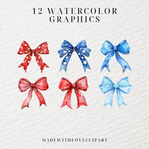 May include: Twelve watercolor illustrations of red and blue bows with white stars. The bows are perfect for adding a festive touch to your crafts and designs.