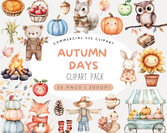 Watercolor Autumn Clipart: Fall Woodland Animals, Pumpkins (Digital Download)