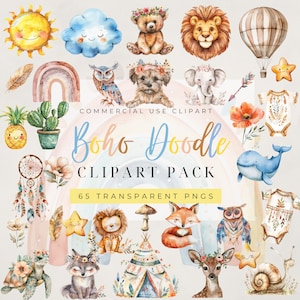 Pacote de clipart aquarela Boho Doodle, pacote de clipart de bebê Boho, clipart de animais de berçário Boho, clipart de chá de bebê fofo, animais da floresta