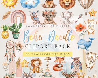 Aquarell Boho Doodle Clipart Bundle, Boho Baby Clipart Pack, Boho Kinderzimmer Tier Clipart, Süße Baby Shower Clipart, Waldtiere