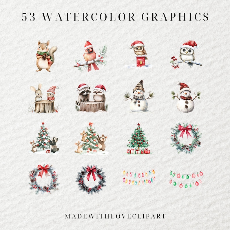 Watercolor Woodland Christmas Clipart, Christmas Animals Clipart, Cute ...