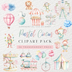 Watercolor Pastel Carnival Clipart, Pastel Carousel Clipart, Pastel Circus, Cirus Animals, Circus Carnival Party, Nursery Decor, Baby Shower
