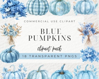 Watercolor Blue Pumpkin Clipart, Pastel Blue Pumpkins, Autumn Clipart, Blue Fall Clipart, Pumpkins and Flowers, Blue Halloween, Baby Shower