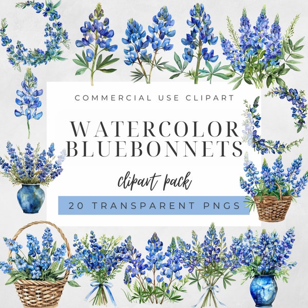 Watercolor Bluebonnet Clipart Bundle, Texas Bluebonnet Clipart, Floral Clipart, Spring Flowers Clipart, Texas State Flower, Wedding Florals