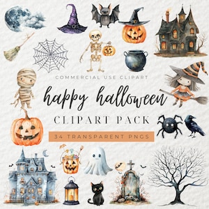 Watercolor Halloween Clipart, Spooky Clipart, Cute Halloween Clipart, Ghost, Kids Halloween, Jack O Lantern, Witch, Happy Halloween, PNG