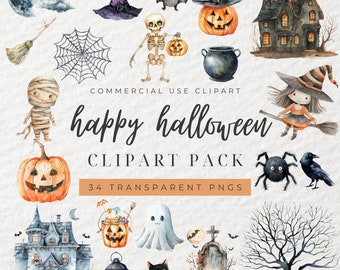 Aquarelle Halloween Clipart, Clipart effrayant, mignon Halloween Clipart, fantôme, Halloween pour enfants, Jack O Lantern, sorcière, Happy Halloween, PNG