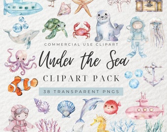 Aquarelle sous la mer Clipart, Clipart sous-marin, Clipart nautique, océan Clipart, décoration de chambre d'enfant, animaux de l'océan, jolies créatures marines, PNG