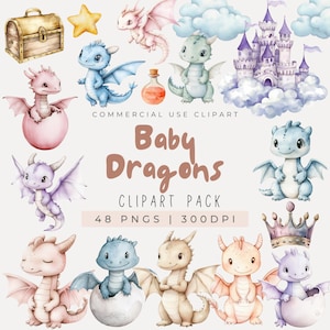 Watercolor Pastel Cute Baby Dragons Clipart, Dragon Egg Clipart, Dragon Hatchlings, Magical Clip Art, Fantasy Clipart, Fairy Castle, PNG