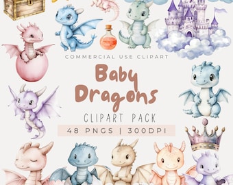 Watercolor Pastel Cute Baby Dragons Clipart, Dragon Egg Clipart, Dragon Hatchlings, Magical Clip Art, Fantasy Clipart, Fairy Castle, PNG